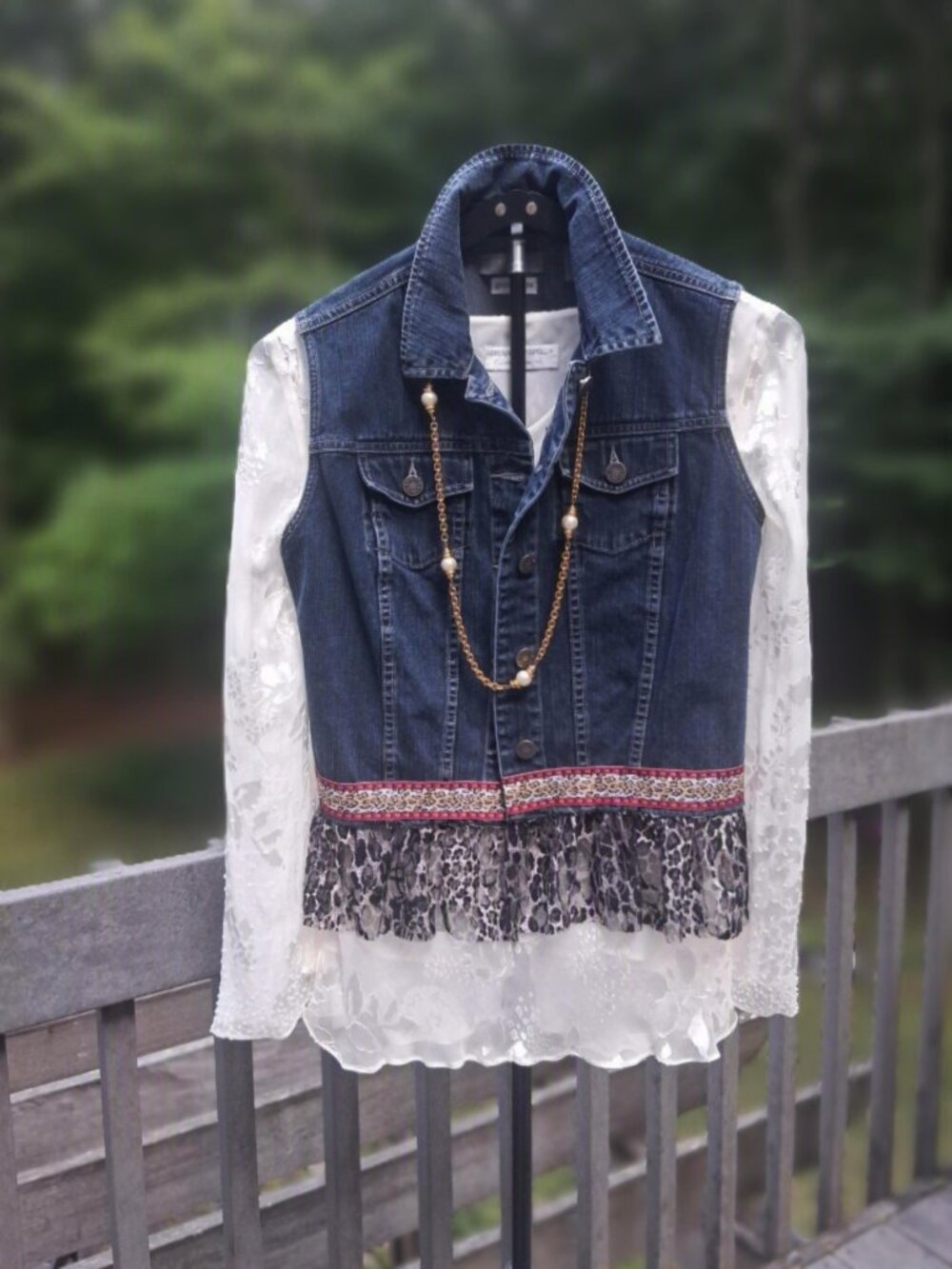 KATE HILL Upcycled Denim Vest with Leopard Print Lace - Size PM